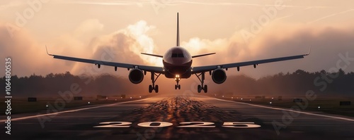 An airplane landing at sunset with a dramatic sky and runway lights visible, capturing the essence of aviation and travel.