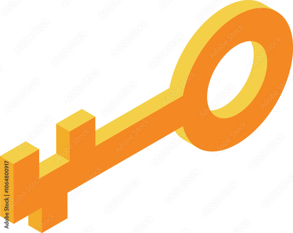 Gold key in isometric perspective, representing security, access, solutions, and new beginnings Gold key in isometric perspective, representing security, access, solutions, and new beginnings