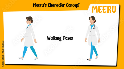 A radiologist cartoon character walking AKA Meeru. Female radiologist cartoon vector.