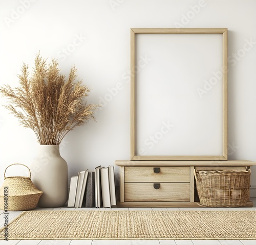 Bohemian Style Living Room Interior Design with a Wooden Console and Dried Flowers