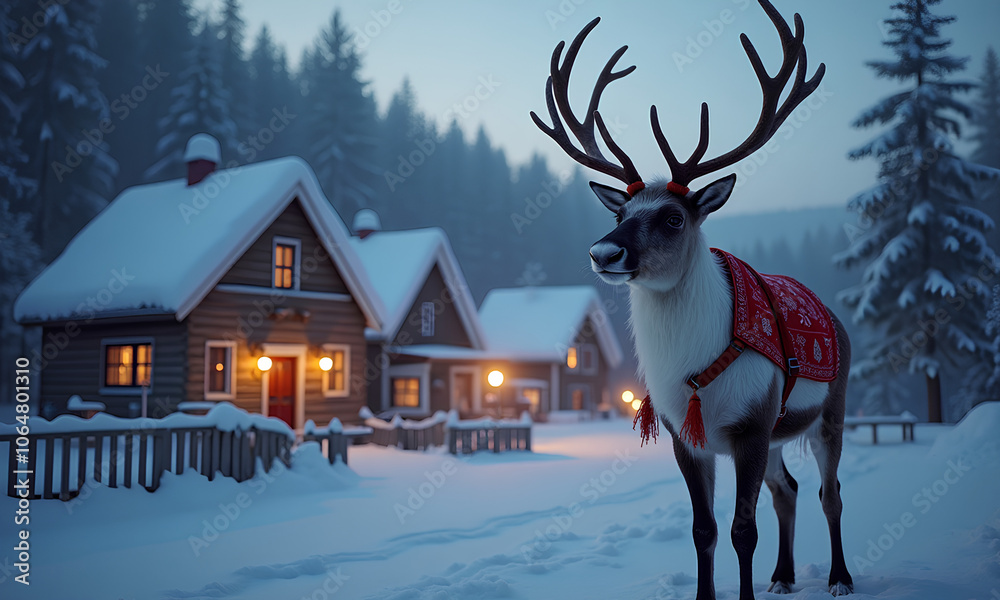 Majestic Reindeer in Snowy Village at Twilight with Cozy Cottage Lights Majestic Reindeer in Snowy Village at Twilight with Cozy Cottage Lights