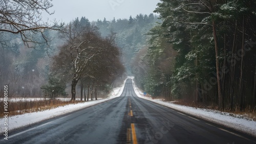 Snow fall on the road isolated background. Winter snowy flake snow falling on the road with trees. Snowflake winter season isolated road path way background