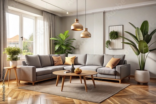 Modern living room interior, Scandinavian design, gray L-shaped sofa, wooden coffee table, copper pendant lights, large potted plants, white shuttered windows, herringbone wood flooring, beige area ru photo