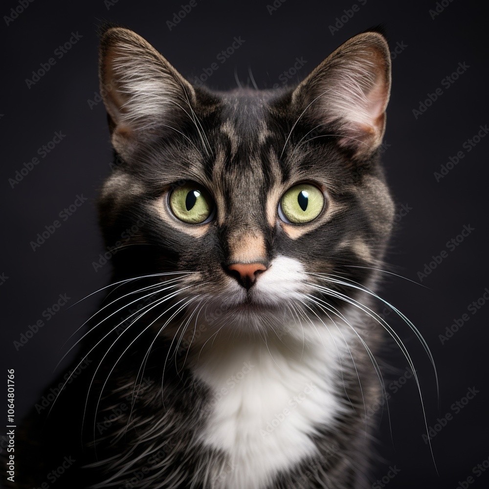 Determined cat with sharp eyes and confident stance against a lively studio background Determined cat with sharp eyes and confident stance against a lively studio background