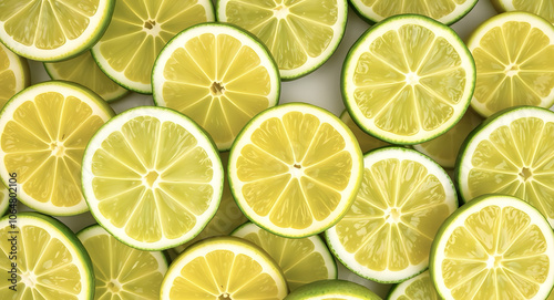 Fresh juicy green lime slices. Texture of sliced ​​citrus fruits. Lime slice patterns. Bright summer style. Flat lay, top view.