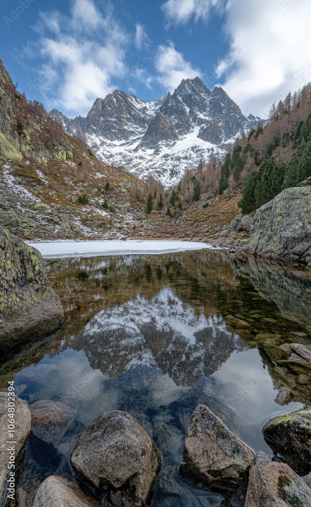 Majestic mountain reflected in a calm alpine lake. Majestic mountain reflected in a calm alpine lake.