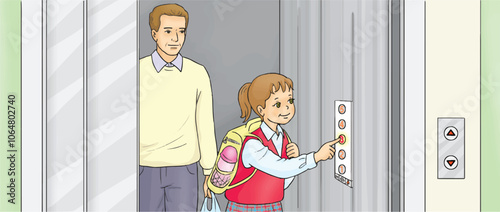 Little girl student getting on the elevator.