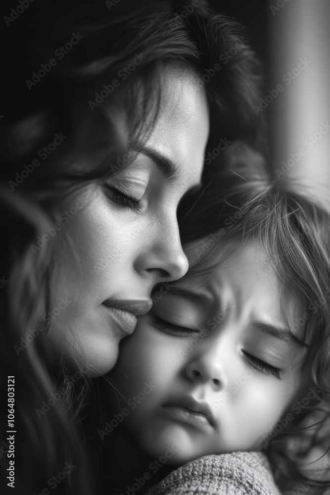 Woman holding a child with her eyes closed while she is holding her Woman holding a child with her eyes closed while she is holding her