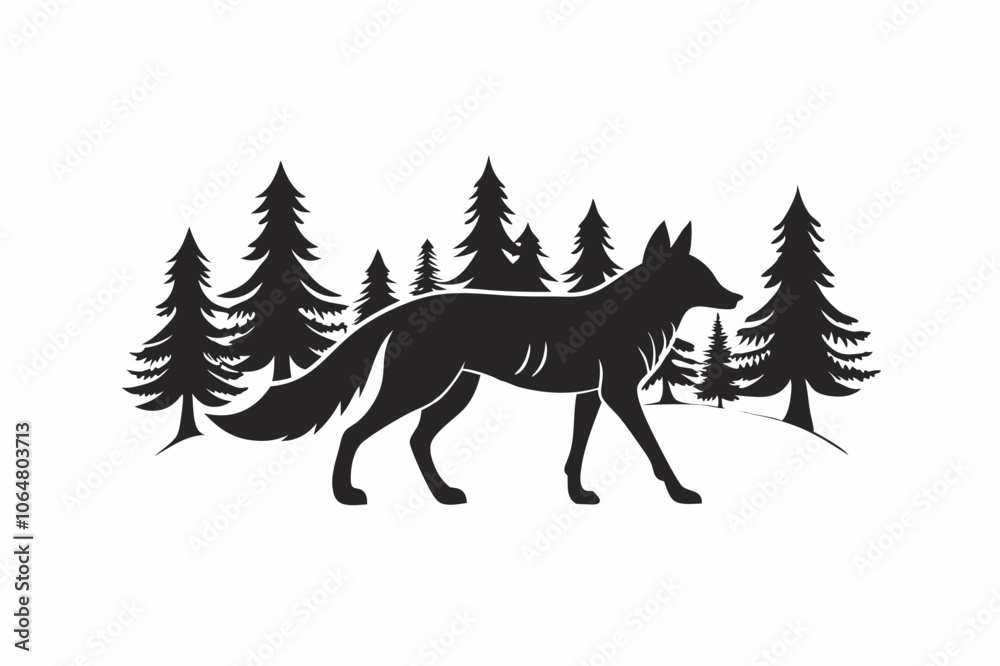 Fox in the Woods Silhouette Vector with Trees Fox in the Woods Silhouette Vector with Trees