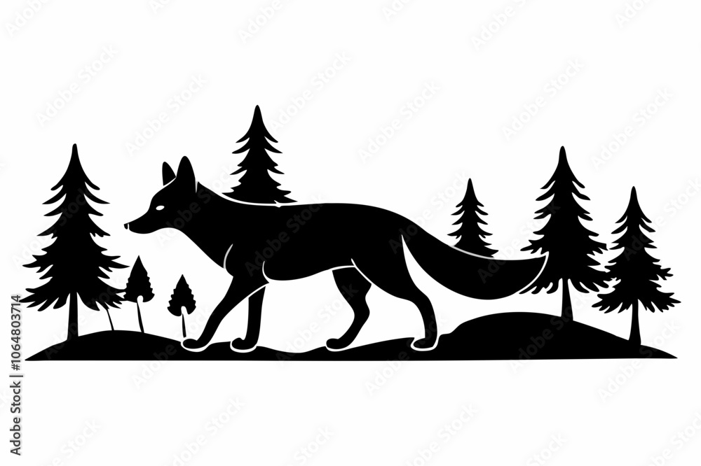 Fox in the Woods Silhouette Vector with Trees Fox in the Woods Silhouette Vector with Trees