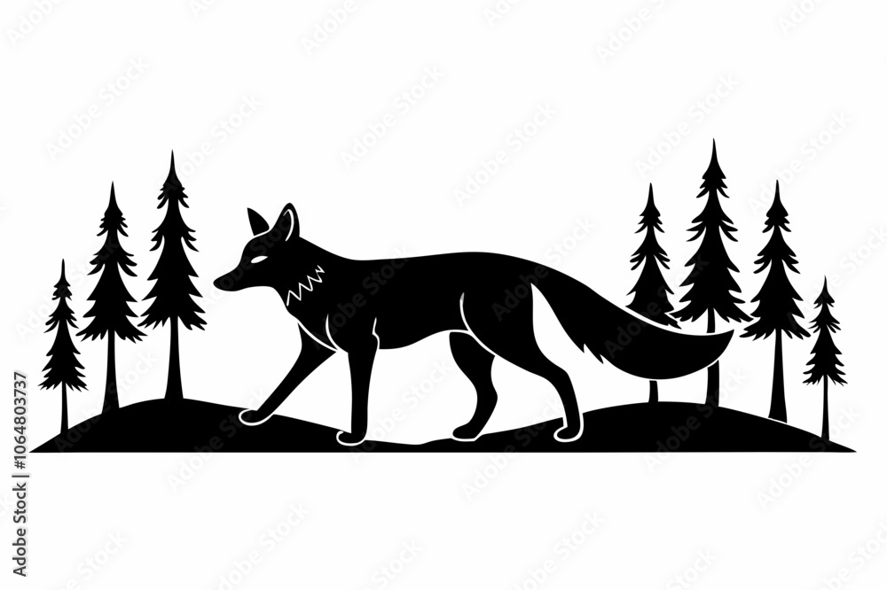 Fox in the Woods Silhouette Vector with Trees Fox in the Woods Silhouette Vector with Trees