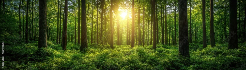 Obraz premium Sunlight Filtering Through Lush Green Forest Trees Creating a Serene and Peaceful Natural Landscape