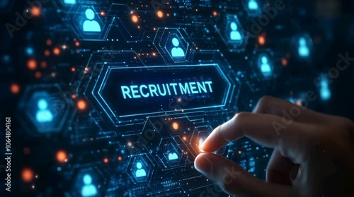 Recruitment icon in digital screen for online recruitment process and job seeker concept, symbolizing human resources & hiring, highlighting modern technological approach to talent acquisition