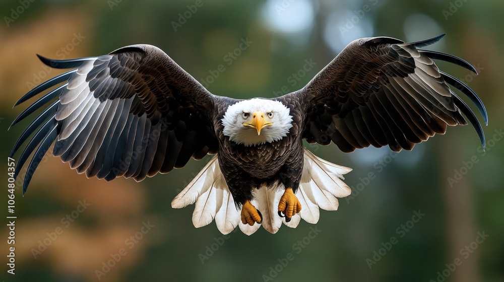 Fototapeta premium Close-up of a bald eagle in flight with wings spread wide against a blurred natural background