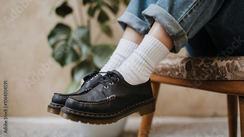 Black Leather Doc Martens With White Socks photo