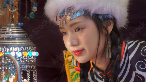 Portrait Fashion of the Asian Tourist young girl wearing traditional Tibetan clothing costume during the Nepal.  Tibetan woman dress concept. Tibetans an East Asian ethnic group native. photo