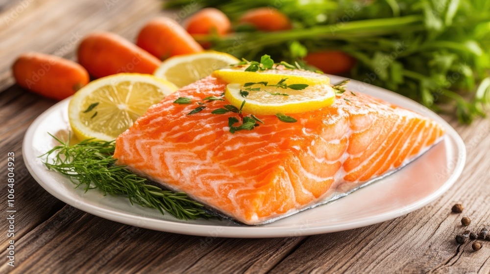 A beautiful baked salmon dish, topped with herbs A beautiful baked salmon dish, topped with herbs