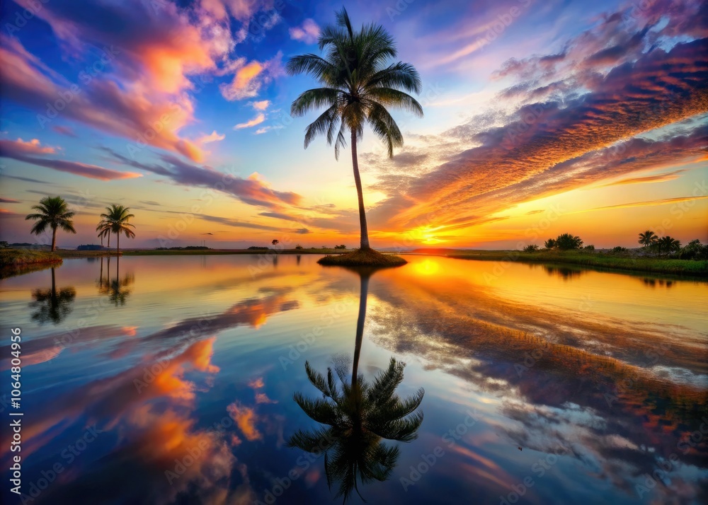 Fototapeta premium Vibrant palm tree silhouettes dance over the tranquil pond, enchanting reflections swirl beneath a surreal dusk sky, painting the scene in dreamlike hues of twilight.