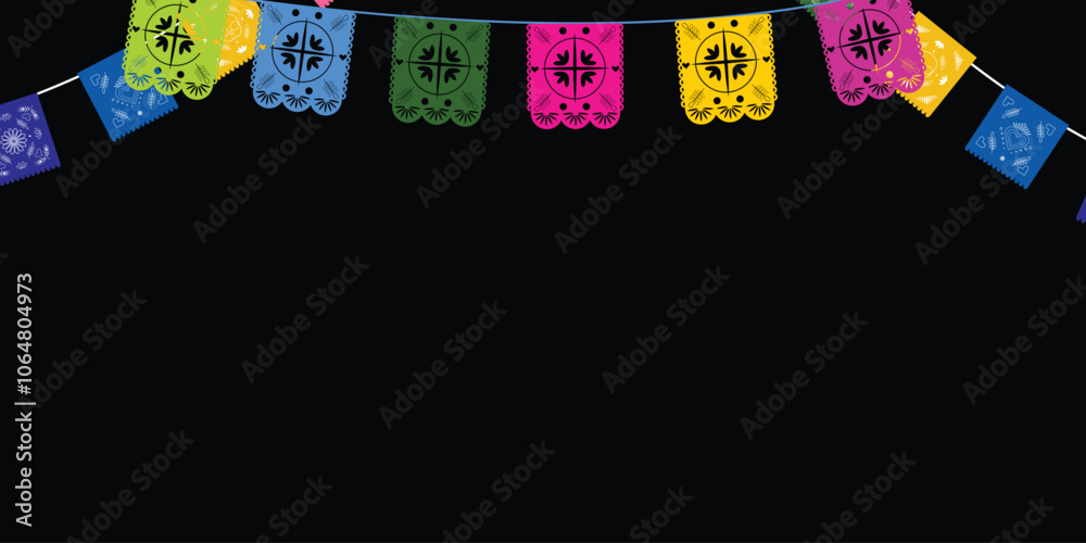 Horizontal blank banner with black backdrop and vibrant papel picado garland, ideal for Day of the Dead designs
