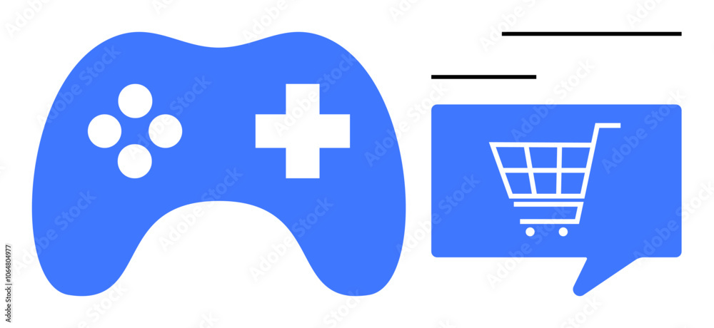 Obraz premium Gaming controller next to a speech bubble containing a shopping cart. Ideal for e-commerce, gaming, online shopping, digital marketing, app development, tech startups, and user experience design