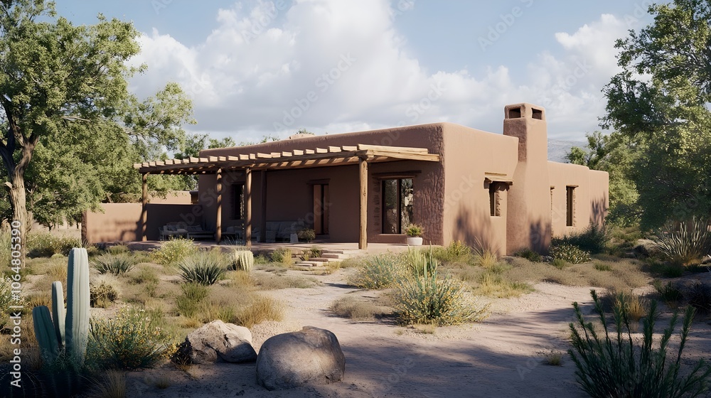 A traditional adobe house in the New Mexico desert, with flat roofs, thick clay walls, and wooden vigas. The yard has cacti and desert landscaping A traditional adobe house in the New Mexico desert, with flat roofs, thick clay walls, and wooden vigas. The yard has cacti and desert landscaping