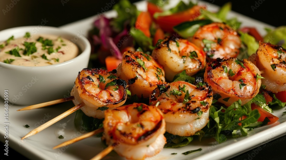 A beautifully arranged plate of grilled shrimp skewers A beautifully arranged plate of grilled shrimp skewers