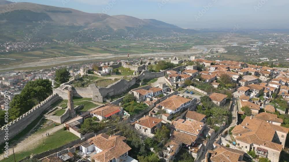 Aerial drone photo of the castle and old town in Berat, Albania Aerial drone photo of the castle and old town in Berat, Albania