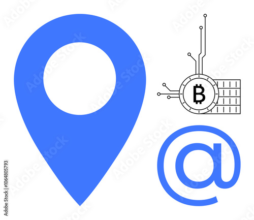 Blue location pin, a Bitcoin symbol in a circuit, and an email symbol. Ideal for technology, communication, digital currency, navigation, and connectivity. Depicted in minimalist vector style