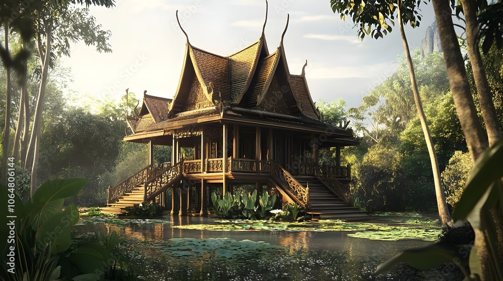 A traditional Thai wooden house on stilts with intricate carvings, a sloped roof, and a surrounding garden of tropical plants and lotus ponds. 