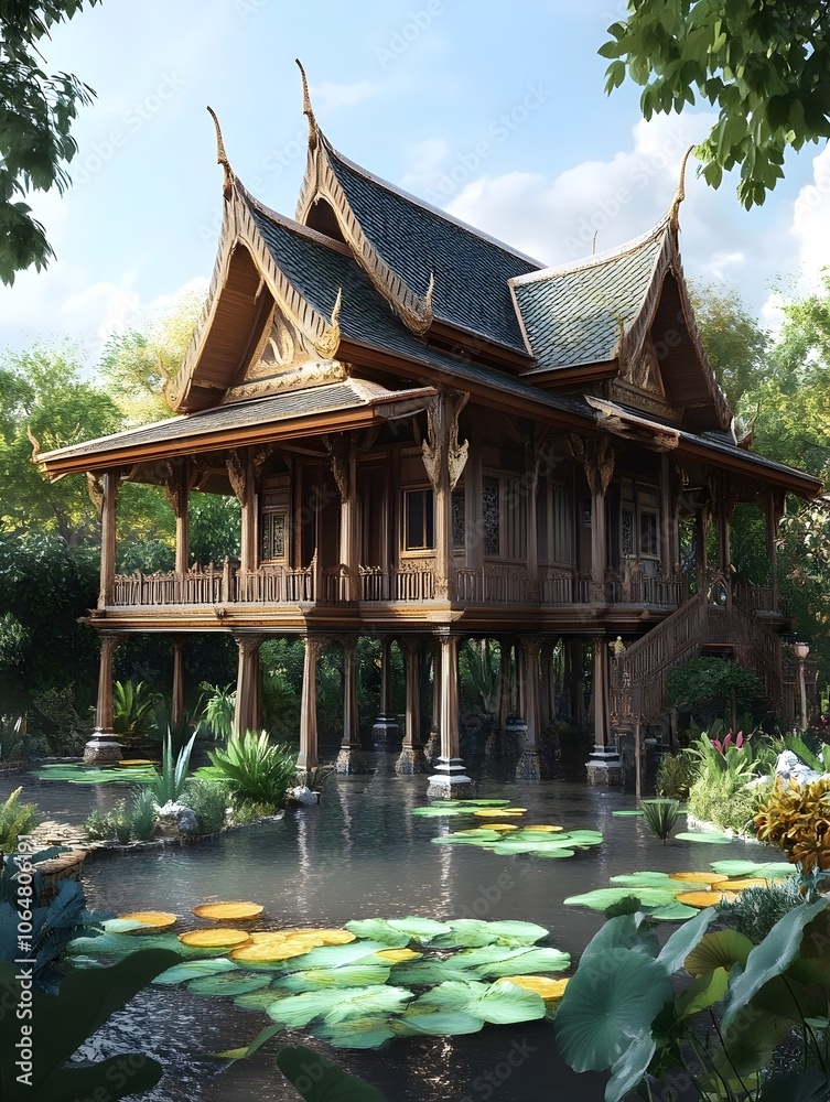 A traditional Thai wooden house on stilts with intricate carvings, a sloped roof, and a surrounding garden of tropical plants and lotus ponds. 