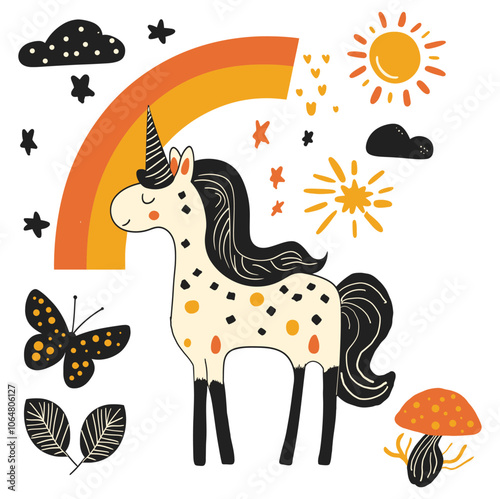 Abstract Unicorn Set, Enchanting Representation of Fantasy and Whimsy in a Minimalist Style - Flat Vector Illustration