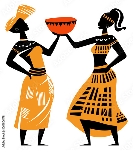 African Woman Holding Pottery, Beautiful Representation of Culture and Craftsmanship in a Minimalist Style - Flat Vector Illustration