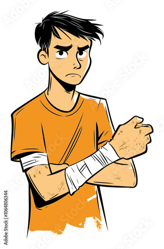 Boxer with a Bandaged Hand and Muddy Gloves, Gritty Representation of Strength and Resilience in a Minimalist Style - Flat Vector Illustration