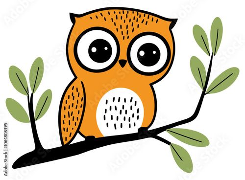 Cute Owl Sitting on a Tree Branch, Charming Representation of Wildlife and Nature in a Minimalist Style - Flat Vector Illustration photo