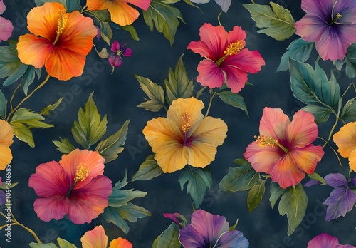 Tropical Hibiscus Flowers on Dark Blue Background