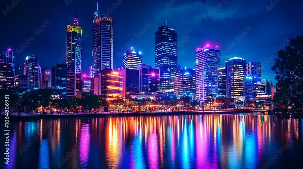 Obraz premium A vibrant city skyline at night, with skyscrapers illuminated by neon lights and reflections in a nearby river, creating a futuristic atmosphere