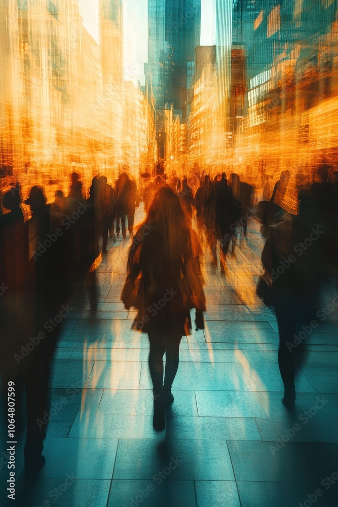 Blurred Motion of People Walking in a Busy Urban Street with Warm Tones and Skyscrapers in the Background Blurred Motion of People Walking in a Busy Urban Street with Warm Tones and Skyscrapers in the Background