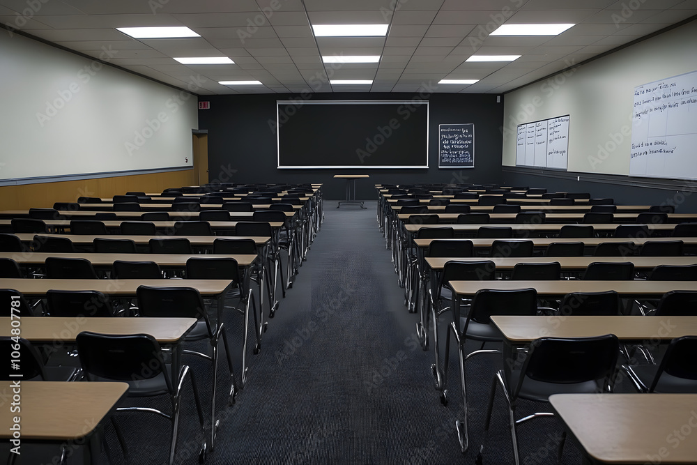 Modern Classroom Setting Ready for Learning with Empty Desks and Chalkboard