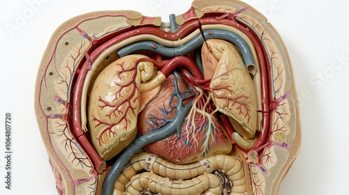 Aorta: This largest artery supplies oxygenated blood from the heart to all organs, characterized by its resilient and elastic structure for optimal function.
 photo