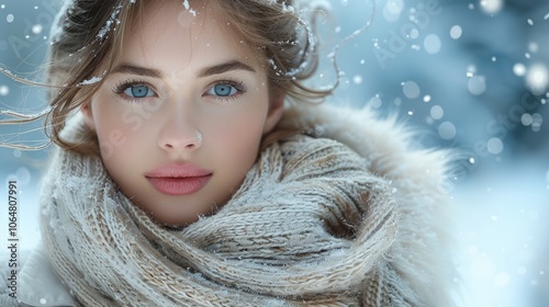 A beautiful winter scene where a stunning woman captivates with elegance and style. Her fair, radiant skin contrasts against the soft, snowy background, she exudes sophistication and grace. photo