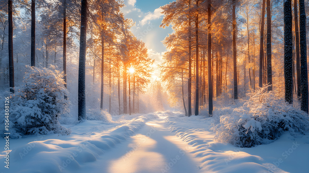 Serene Winter Forest Covered in Snow with Tall Trees and a Quiet Path
Serene Winter Forest Covered in Snow with Tall Trees and a Quiet Path