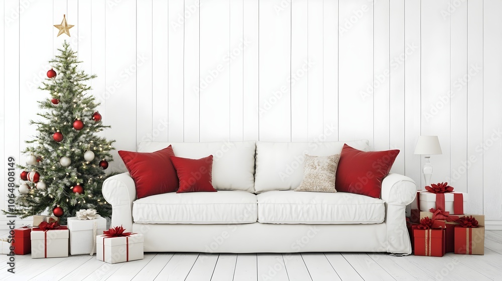Fototapeta premium A white living room decorated for Christmas with a tree, gifts, and a white sofa with red pillows. Empty white wall for wall art mock up