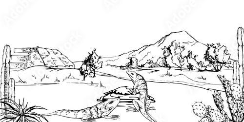 Mesoamerica Aztec ancient pyramid ruins on plain grassy field with trees cacti iguanas, mountains hills backdrop, isolated scenic landscape. Hand drawn ink vector illustration for nature tours travel