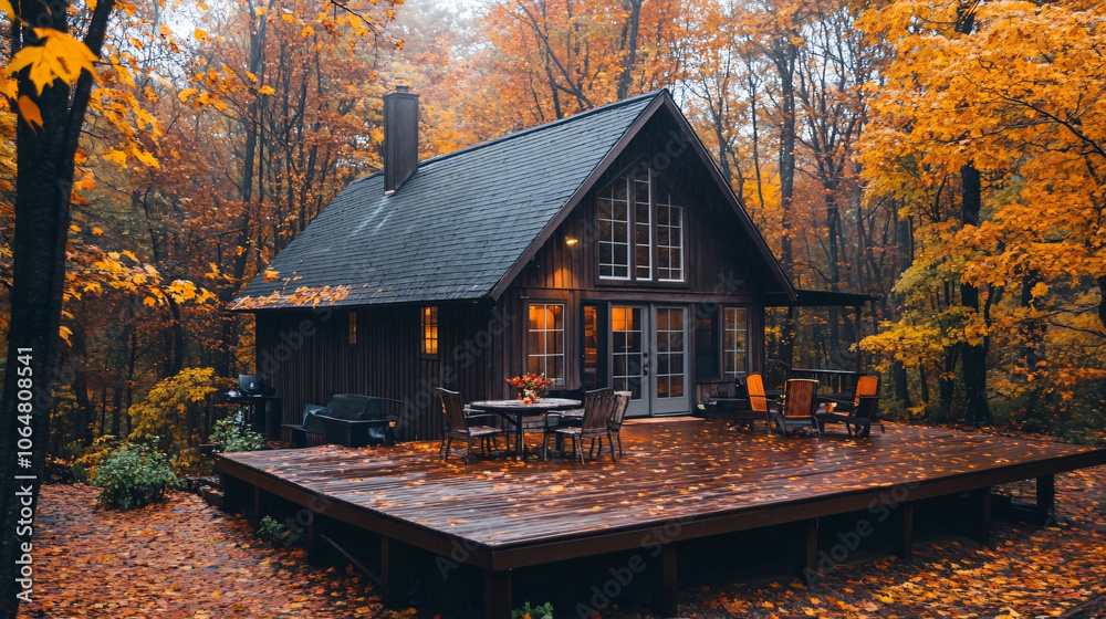A cozy guesthouse with a wooden deck, perfect for enjoying Thanksgiving meals outside. A cozy guesthouse with a wooden deck, perfect for enjoying Thanksgiving meals outside.