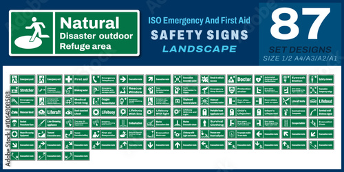 87 set iso emergency and first aid safety signs v65_natural disaster outdoor refuge area_landscape size 1/2 a4,a3,a2,a1
