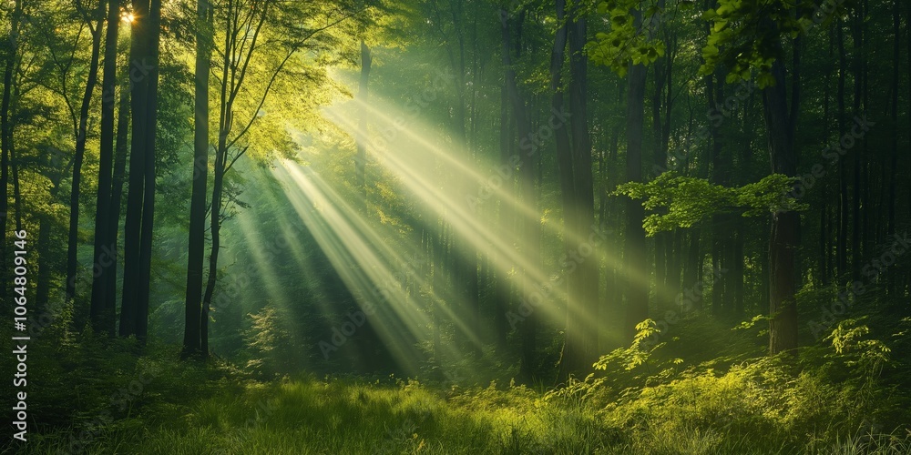 A forest with sunlight shining through the trees. The light is bright and warm, creating a peaceful and serene atmosphere A forest with sunlight shining through the trees. The light is bright and warm, creating a peaceful and serene atmosphere