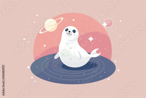 Cute seal pup in cosmic dreamscape with planets and stars photo