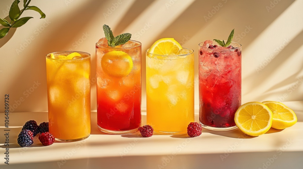 A collection of ice-cold drinks, showcasing iced tea with A collection of ice-cold drinks, showcasing iced tea with