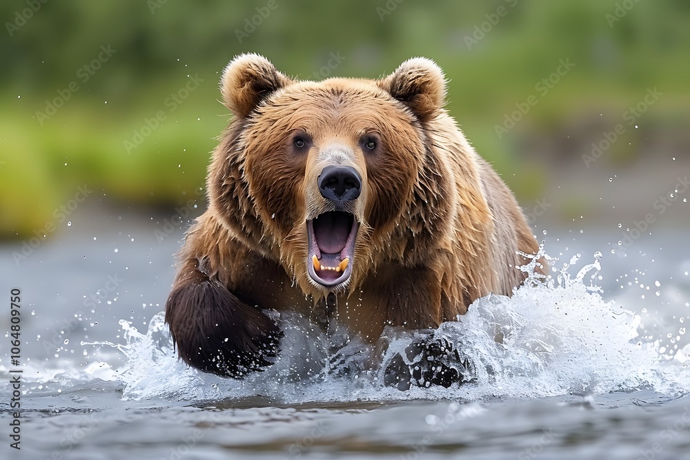 Majestic Brown Bear Charging Through Water in Wild Forest Setting Majestic Brown Bear Charging Through Water in Wild Forest Setting