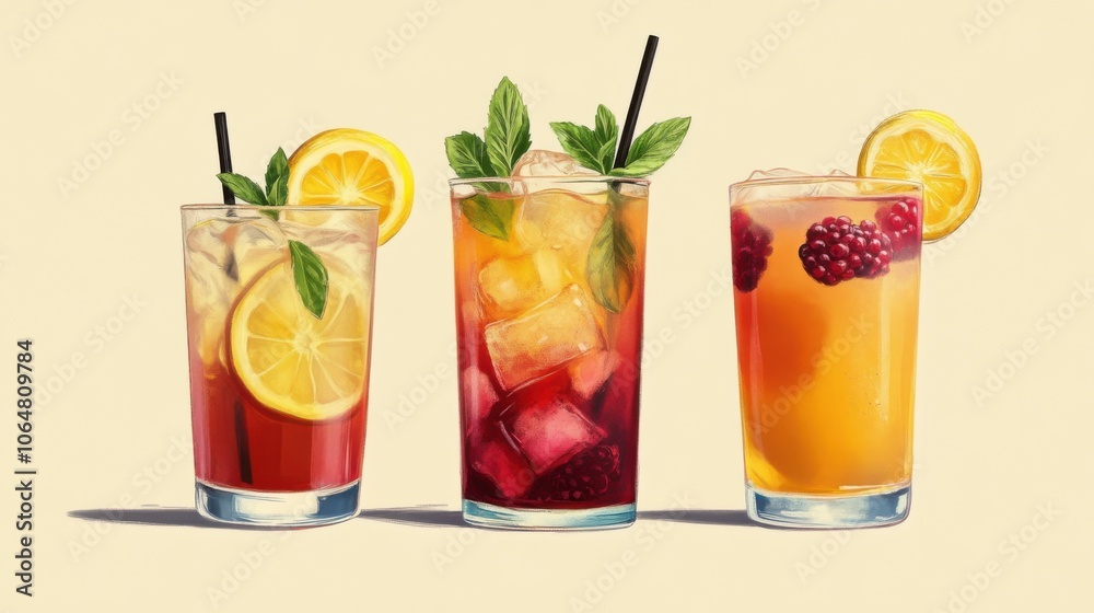 A collection of ice-cold drinks, showcasing iced tea with A collection of ice-cold drinks, showcasing iced tea with